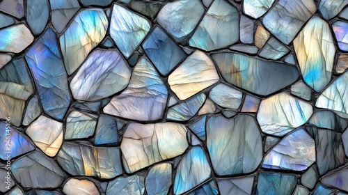 A stained glass pattern featuring iridescent labradorite a cottagecore aesthetic with a highly realistic design.