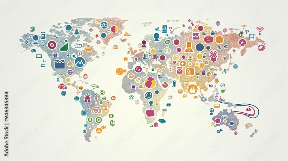 Fototapeta premium A colorful world map filled with icons representing various global themes and concepts.