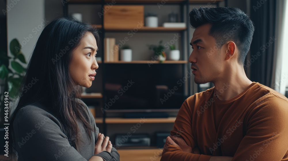 Tense confrontation between a man and woman, showcasing emotional expressions and body language in a modern living room setting Tense confrontation between a man and woman, showcasing emotional expressions and body language in a modern living room setting