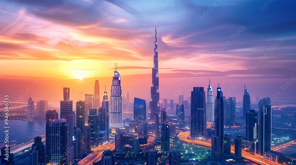 Naklejka premium Captivating Cityscape at Sunrise Towering Skyscrapers Illuminated in Vibrant Hues