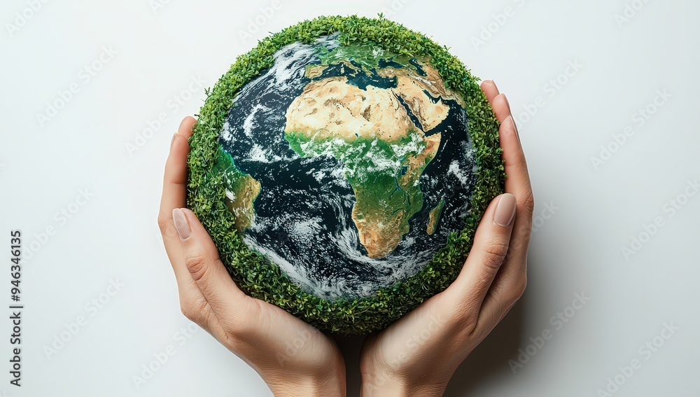 Two hands holding a green Earth on a white background, top view, with copy space. Concept for World Environment Day and global warming. Two hands holding a green Earth on a white background, top view, with copy space. Concept for World Environment Day and global warming.