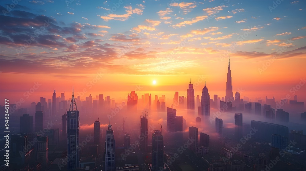 Naklejka premium Captivating Cityscape at Dawn Illuminates Towering Skyscrapers with Majestic Glow