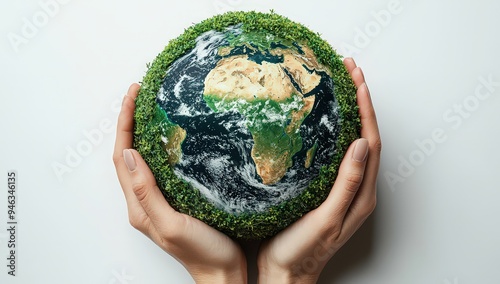 Two hands holding a green Earth on a white background, top view, with copy space. Concept for World Environment Day and global warming. 