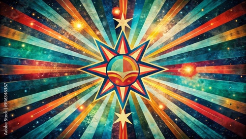 Retro-futuristic cosmic icon featuring a stylized starburst pattern with bold, vibrant colors and distressed textures, evoking a nostalgic sense of vintage space-age charm. photo