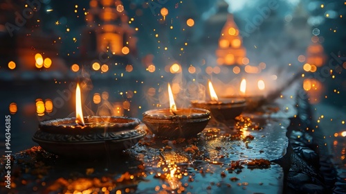 A row of three candles are lit in a pond photo