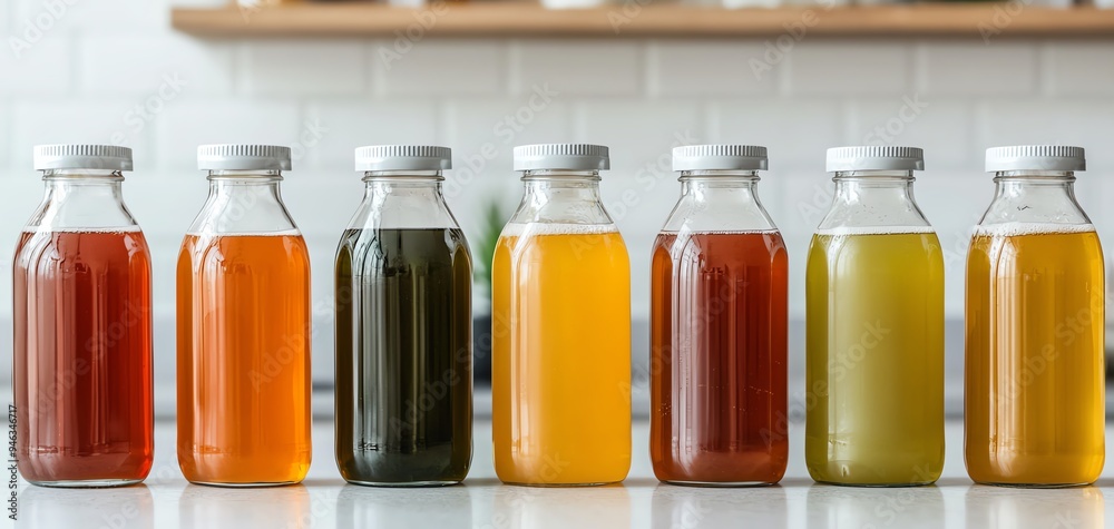 A colorful array of kombucha bottles lined up on a kitchen counter, each labeled with different flavors Probiotic-rich diet concept. A colorful array of kombucha bottles lined up on a kitchen counter, each labeled with different flavors Probiotic-rich diet concept.