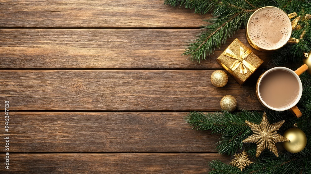 A warm collection of hot chocolate, a flickering candle, and festive forest elements arranged on a wooden surface, perfect for winter-themed home decor or packaging design A warm collection of hot chocolate, a flickering candle, and festive forest elements arranged on a wooden surface, perfect for winter-themed home decor or packaging design