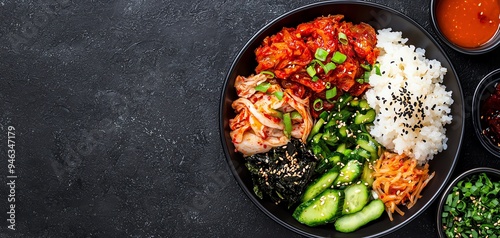 A colorful plate filled with various fermented foods like kimchi, pickles, and miso, arranged in an appetizing manner Probiotic-rich diet concept.
