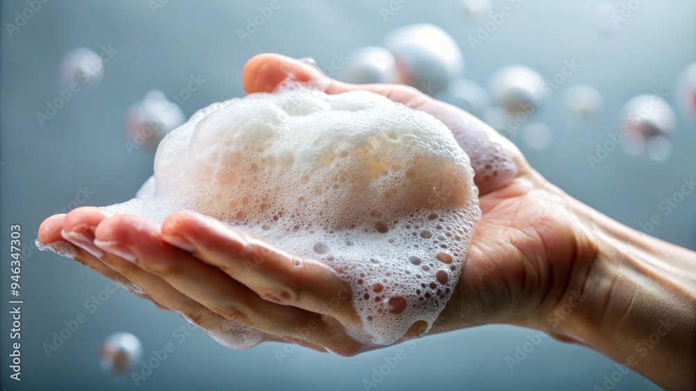 Naklejka premium Rich, velvety lather of soap forms a thick, creamy foam on a hand, with tiny bubbles glistening on the skin's surface, exuding cleanliness.