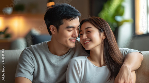 Young couple sharing a joyful and intimate moment, smiling and leaning close to each other in a cozy indoor setting