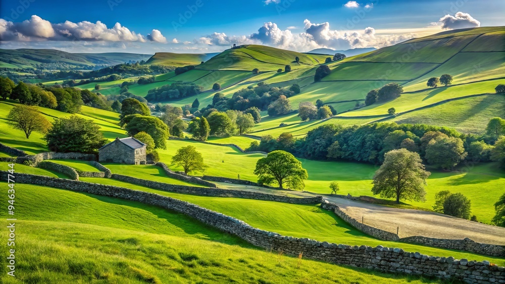 Fototapeta premium Rolling hills, lush green meadows, and rustic stone walls evoke a sense of serene tranquility in this idyllic British countryside landscape beneath a clear blue sky.