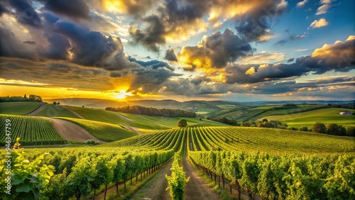 Rolling hills of lush green vineyards stretch towards the horizon under a dramatic sky with billowy white clouds and a hint of golden sunlight.