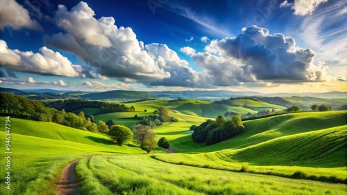 Rolling hills of lush green grass stretch towards the horizon under a bright blue sky with scattered white clouds on a serene countryside landscape. photo