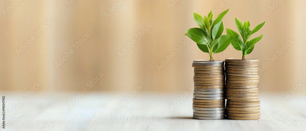 A close-up of coins stacked with small green plants growing, symbolizing growth and financial investment in nature. financial freedom concept. A close-up of coins stacked with small green plants growing, symbolizing growth and financial investment in nature. financial freedom concept.