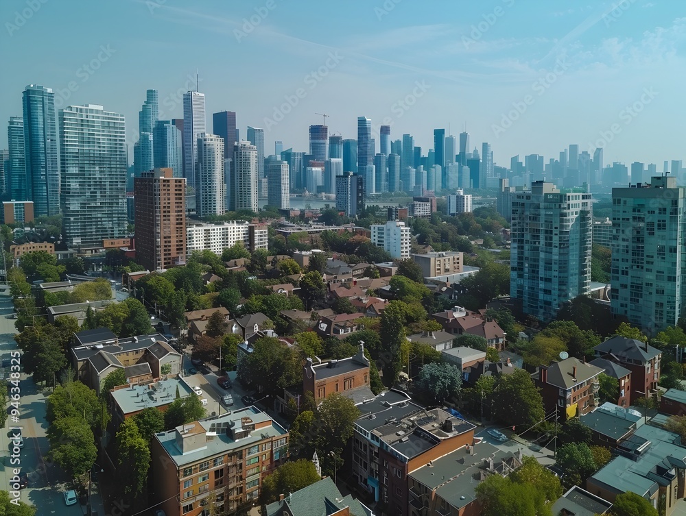 Fototapeta premium Expansive Aerial View of a Vibrant Metropolitan Skyline with Towering Skyscrapers and Lush Greenery