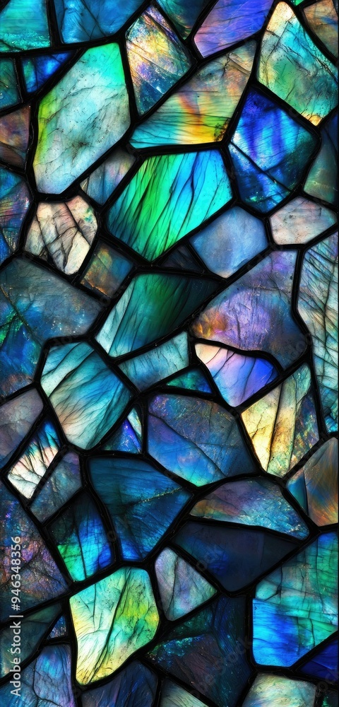 A stained glass pattern featuring iridescent labradorite a cottagecore aesthetic with a highly realistic design. A stained glass pattern featuring iridescent labradorite a cottagecore aesthetic with a highly realistic design.