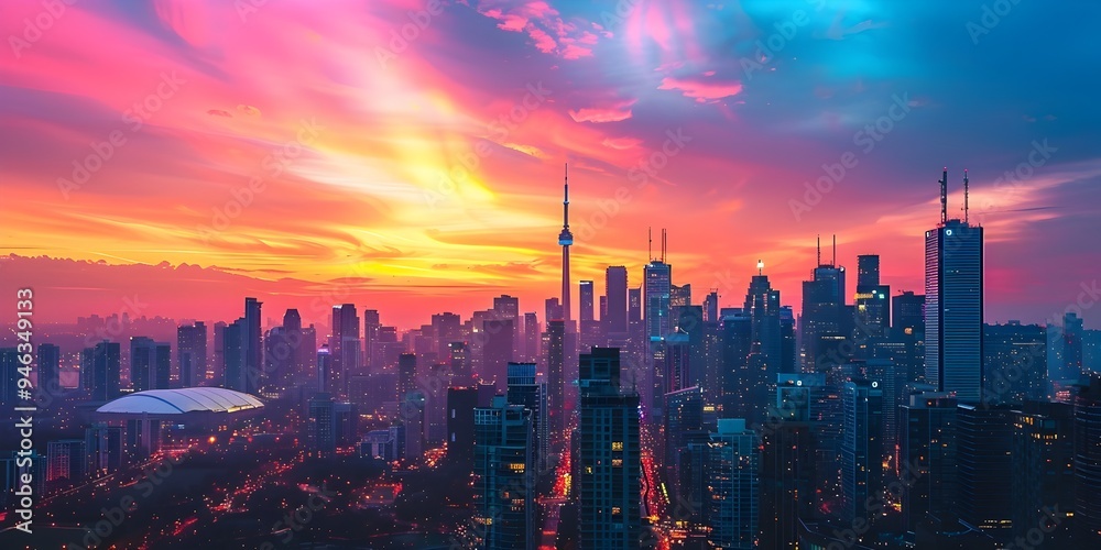 Fototapeta premium Vibrant Sunset Cityscape with Silhouetted Skyscrapers Reaching for the Sky