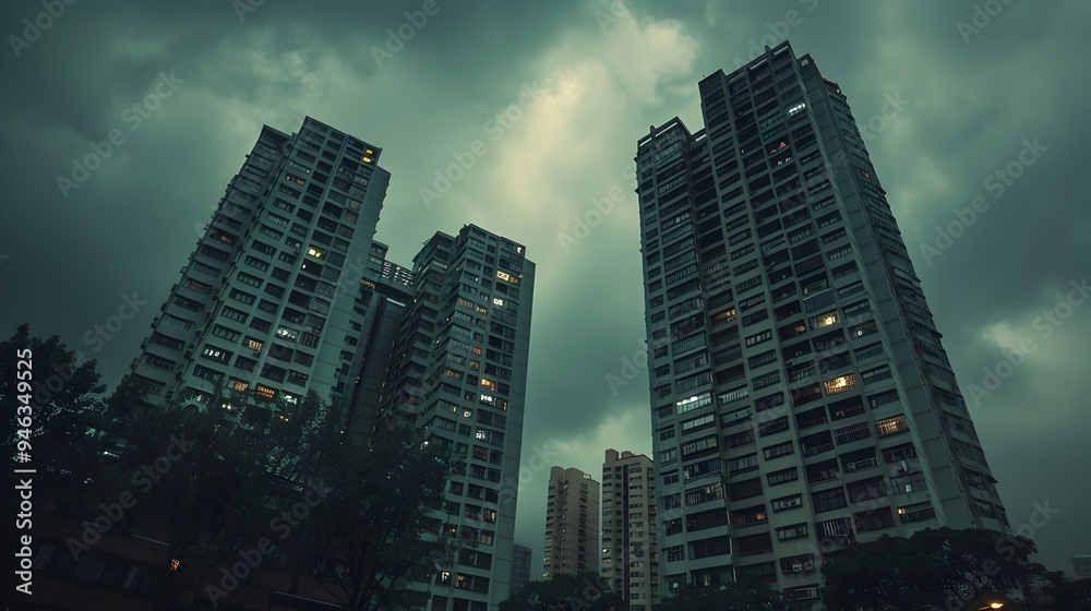 Obraz premium Dramatic Cloudy Skyline of Towering High Rise Buildings in the City