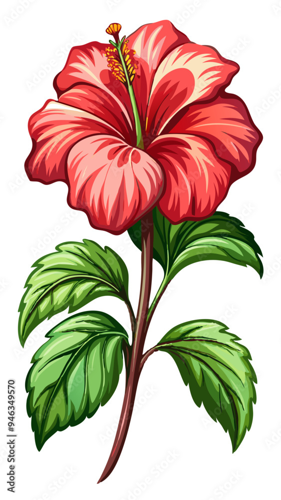 Vibrant Hibiscus Flower with Green Leaves Illustration - Illustrated image of a vibrant hibiscus flower with green leaves. Ideal for tropical themes, nature-inspired designs, and botanical projects. Vibrant Hibiscus Flower with Green Leaves Illustration - Illustrated image of a vibrant hibiscus flower with green leaves. Ideal for tropical themes, nature-inspired designs, and botanical projects.