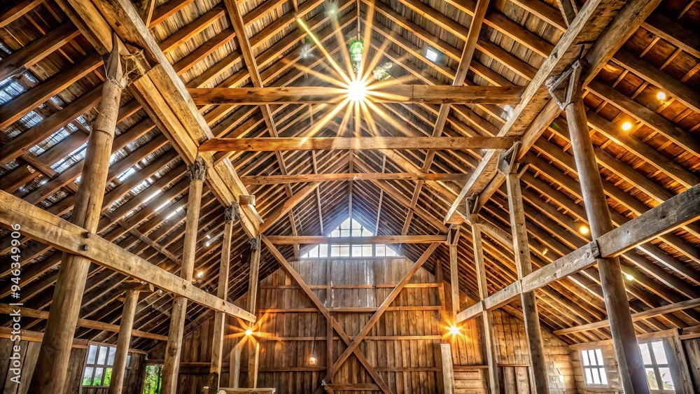 Rustic wooden truss beams crisscross above, supporting the roof of a vintage barn, with soft natural light filtering through the weathered wooden slats. Rustic wooden truss beams crisscross above, supporting the roof of a vintage barn, with soft natural light filtering through the weathered wooden slats.