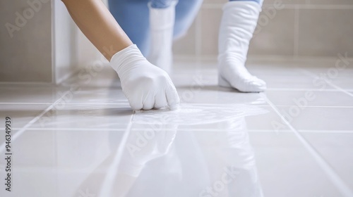 Cleaning Tile Floor with Gloved Hand photo