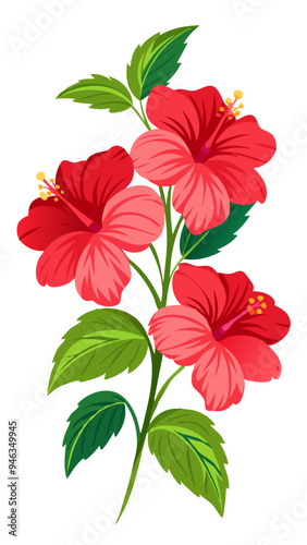 Vibrant Hibiscus Flower with Green Leaves Illustration - Illustrated image of a vibrant hibiscus flower with green leaves. Ideal for tropical themes, nature-inspired designs, and botanical projects.