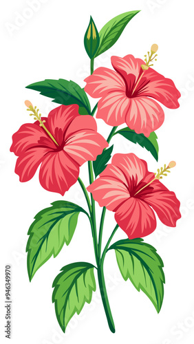 Vibrant Hibiscus Flower with Green Leaves Illustration - Illustrated image of a vibrant hibiscus flower with green leaves. Ideal for tropical themes, nature-inspired designs, and botanical projects.