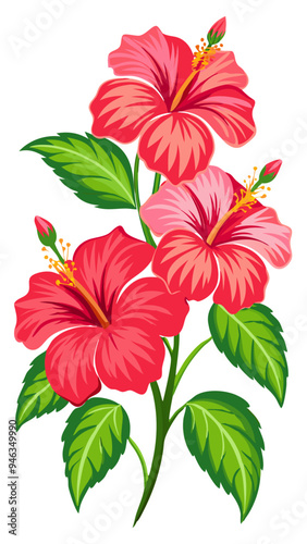 Vibrant Hibiscus Flower with Green Leaves Illustration - Illustrated image of a vibrant hibiscus flower with green leaves. Ideal for tropical themes, nature-inspired designs, and botanical projects.