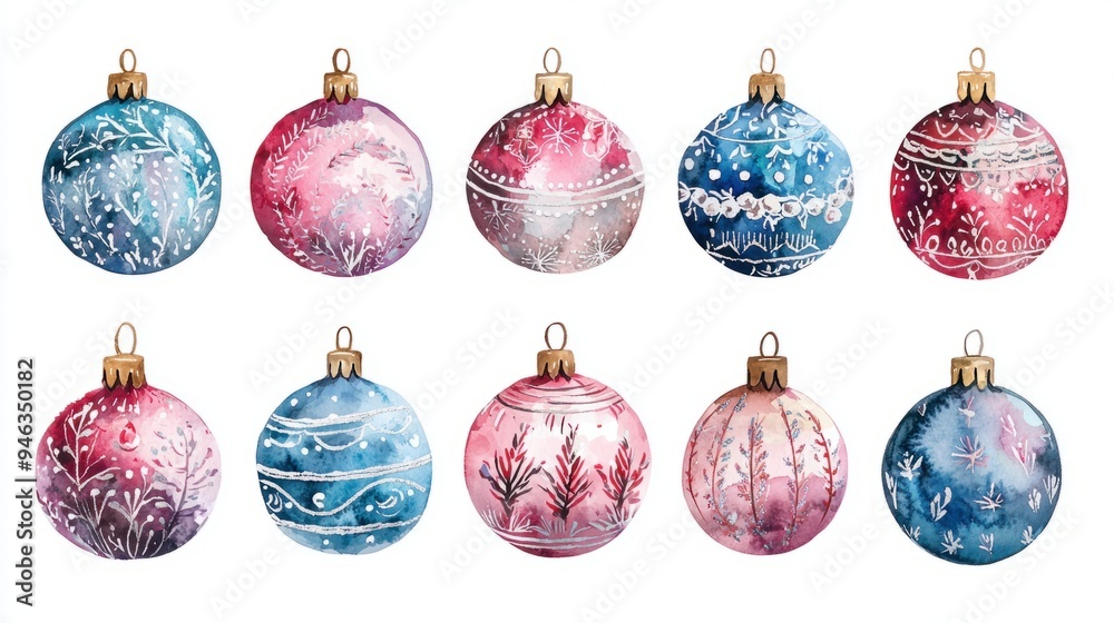 Whimsical Boho Christmas Ornament Set Clipart with Mandala Designs and Watercolor Illustrations in Pastel Colors on White Background Whimsical Boho Christmas Ornament Set Clipart with Mandala Designs and Watercolor Illustrations in Pastel Colors on White Background