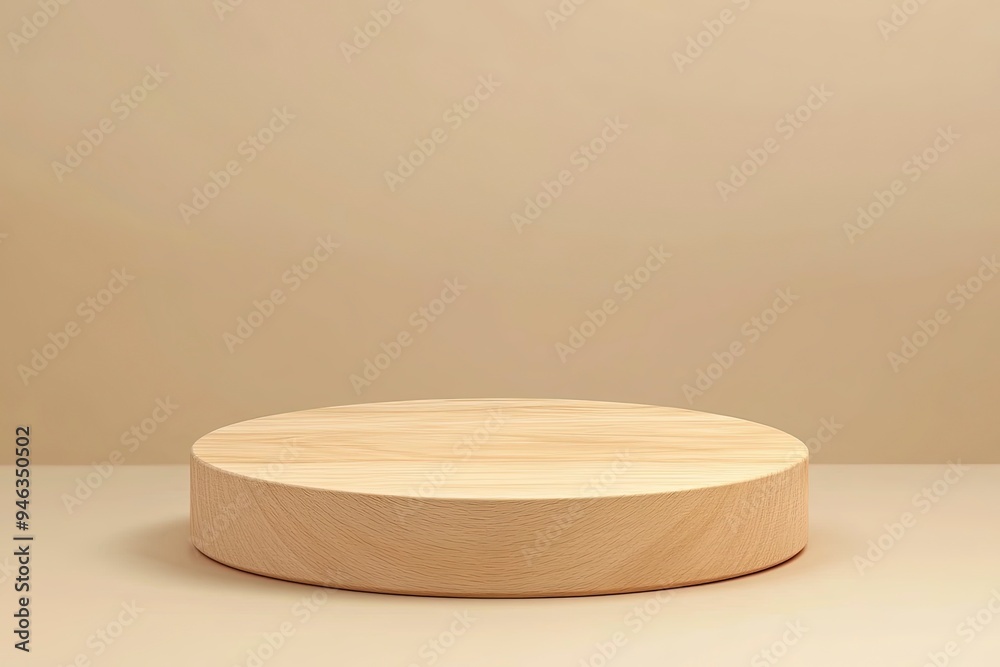 Round wooden podium on beige background for product presentation. Front view. Copy space. Generative Ai Round wooden podium on beige background for product presentation. Front view. Copy space. Generative Ai