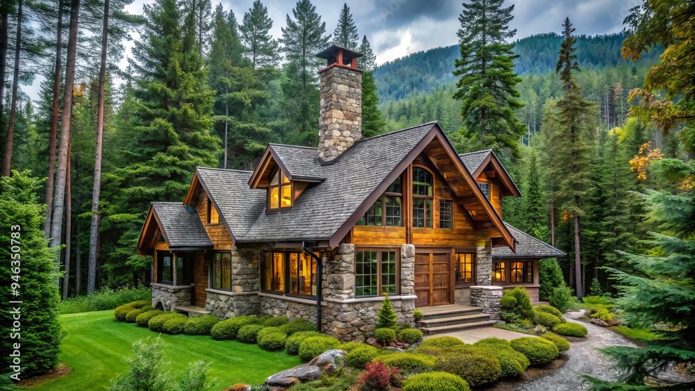 Secluded luxury cabin house nestled among towering evergreen trees, surrounded by lush greenery, with expansive windows and a grand stone chimney. Secluded luxury cabin house nestled among towering evergreen trees, surrounded by lush greenery, with expansive windows and a grand stone chimney.