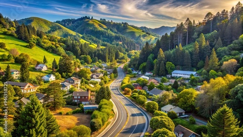 Scenic coastal highway winds through lush green hills and towering trees in Marshall, a picturesque rural town in northern California's countryside. photo