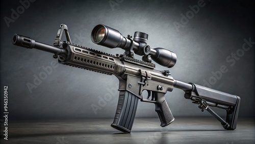 Semi-automatic rifle with matte black finish and collapsible stock, equipped with magnifying scope and flashlight, set against a neutral gray background. photo