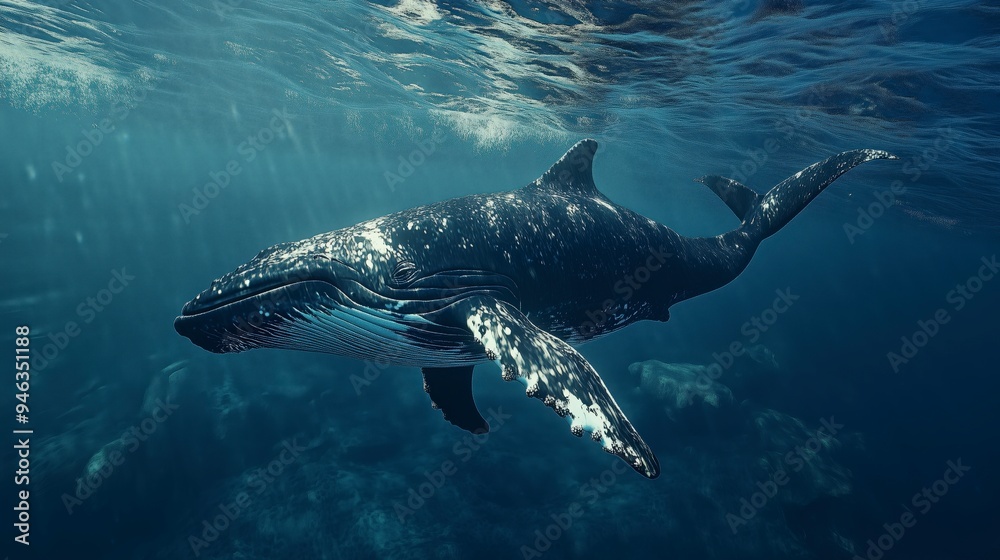 Obraz premium A majestic whale swimming gracefully underwater in a serene ocean environment.