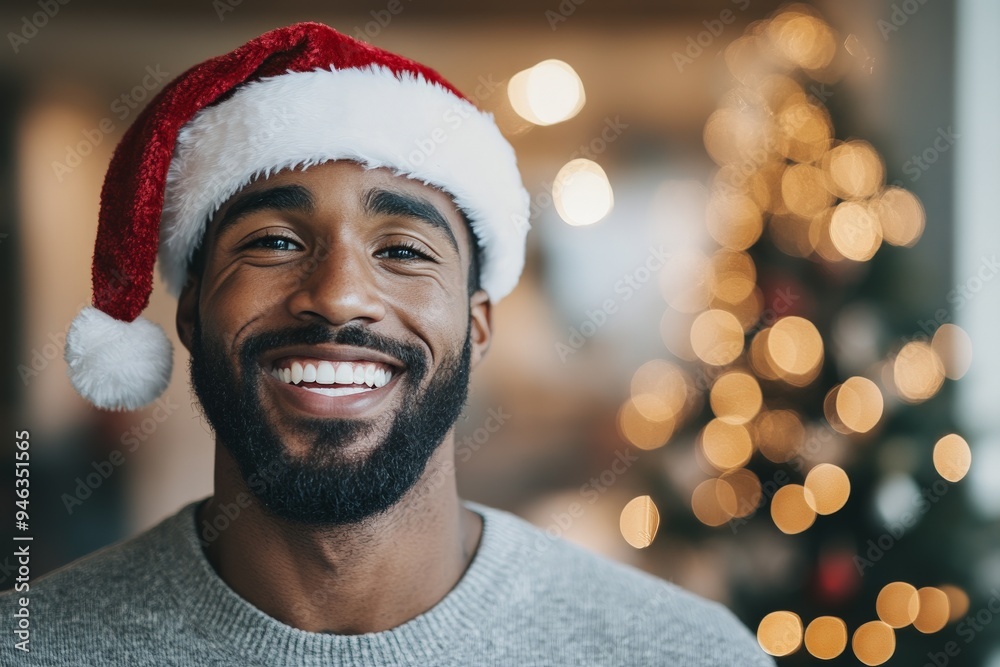 A cheerful man wearing a Santa hat, smiling broadly with warm, festive holiday lights creating a bokeh effect in the background, conveying joyful holiday spirit. A cheerful man wearing a Santa hat, smiling broadly with warm, festive holiday lights creating a bokeh effect in the background, conveying joyful holiday spirit.