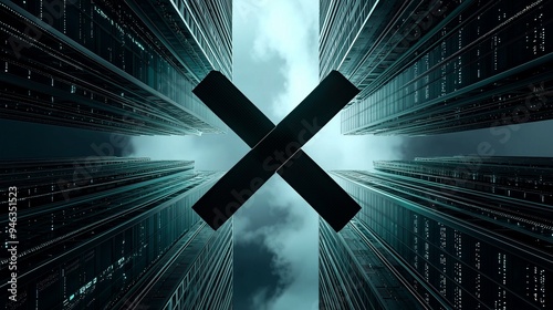 X sign logo amidst towering buildings symbolizes compute power derived from social media data. photo