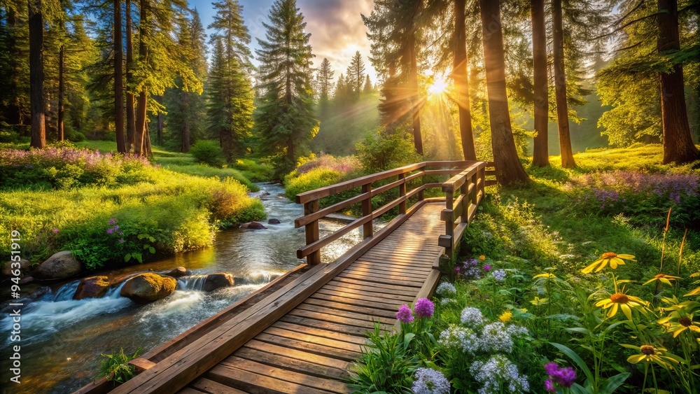 Serene forest trail winding through towering trees, rustic wooden bridge crossing over gentle stream, surrounded by lush green foliage and vibrant wildflowers in warm sunlight. Serene forest trail winding through towering trees, rustic wooden bridge crossing over gentle stream, surrounded by lush green foliage and vibrant wildflowers in warm sunlight.