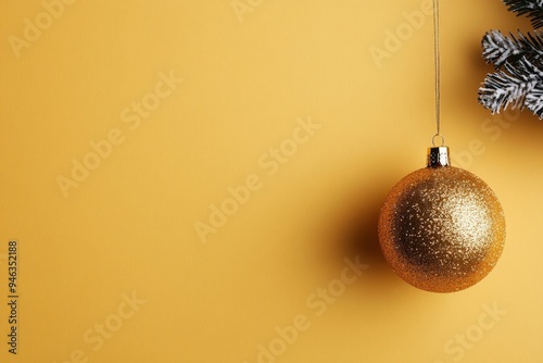 A close-up of a glittery gold Christmas ornament hanging from a tree branch, set against a vivid yellow background, capturing the festive holiday spirit elegantly. photo