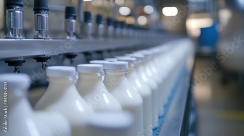 Milk Bottles Moving on a Conveyor Belt