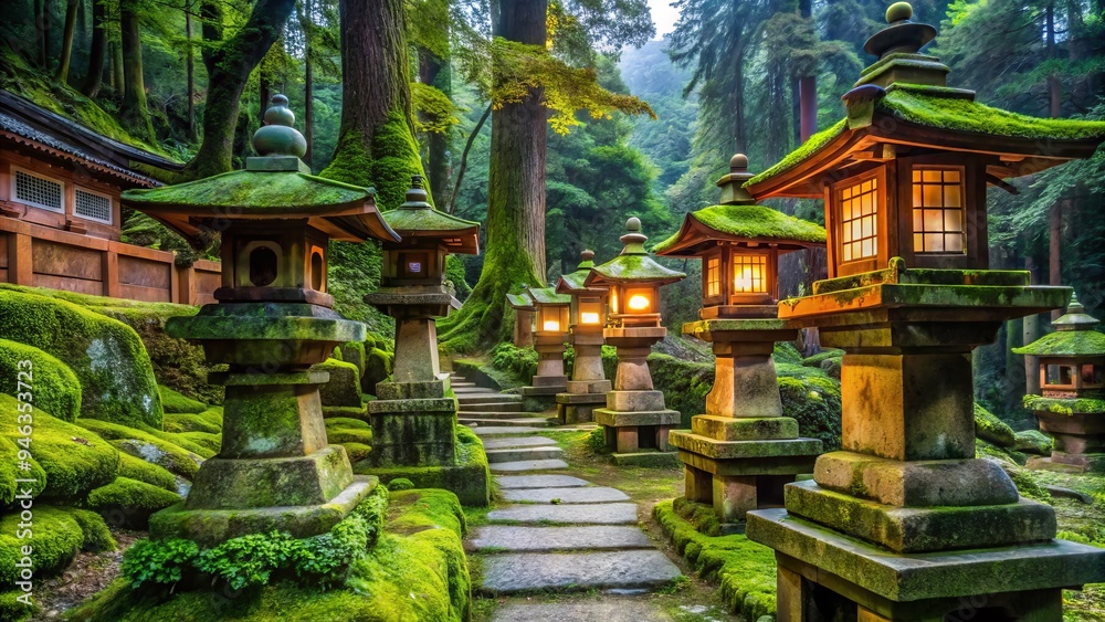 Serenene Kumano Nachi Taisha shrine surrounded by lush greenery and moss-covered stone lanterns in Wakayama, Japan, radiates tranquility and ancient mystique. Serenene Kumano Nachi Taisha shrine surrounded by lush greenery and moss-covered stone lanterns in Wakayama, Japan, radiates tranquility and ancient mystique.