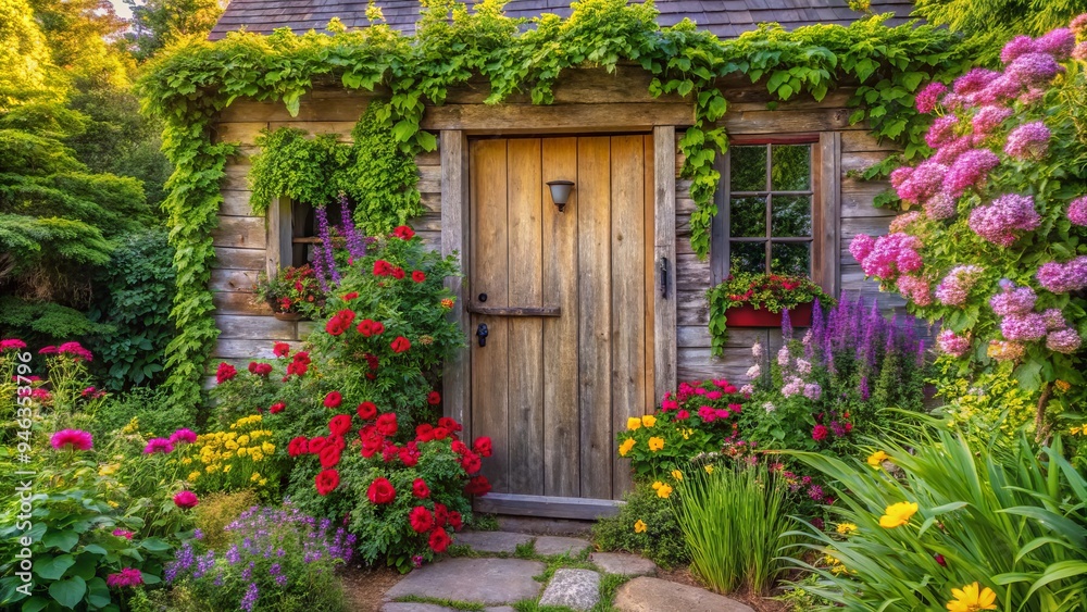 Serenene morning scene of a rustic wooden door on a charming Washington Island cottage surrounded by lush greenery and blooming flowers in Door County. Serenene morning scene of a rustic wooden door on a charming Washington Island cottage surrounded by lush greenery and blooming flowers in Door County.