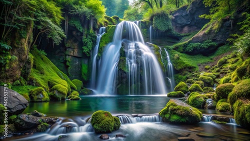 Serenene landscape with a gentle waterfall cascading down a moss-covered rocky cliff, surrounded by lush greenery, conveying a sense of tranquility and freedom from pain.