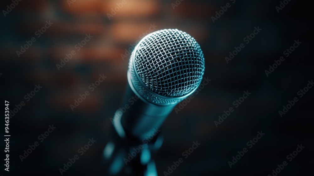 This image features a close-up view of a microphone with a blurred background, emphasizing the microphone's mesh head and its detailed texture. This image features a close-up view of a microphone with a blurred background, emphasizing the microphone's mesh head and its detailed texture.