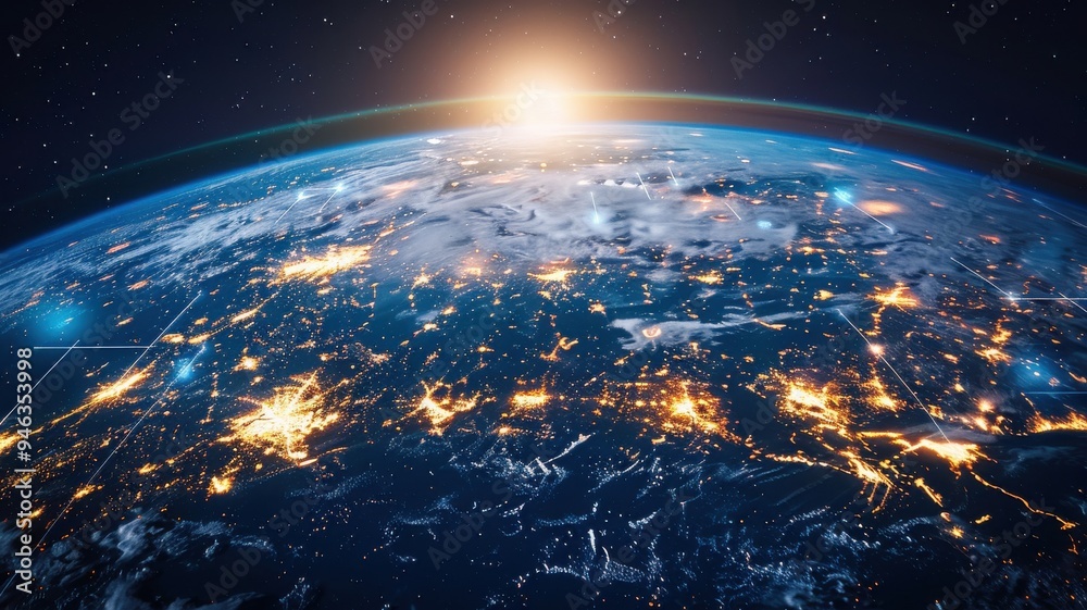 Fototapeta premium Sunrise Over Earth with City Lights.