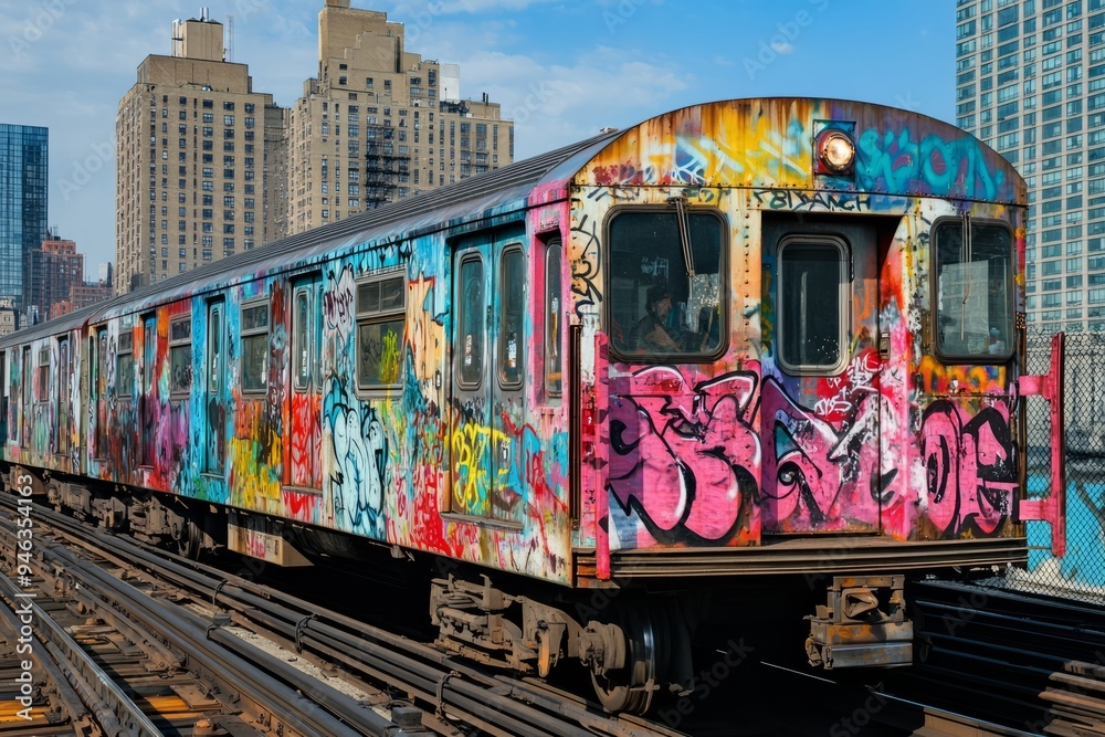 Naklejka premium Vibrant Graffiti Subway Train in Urban Setting