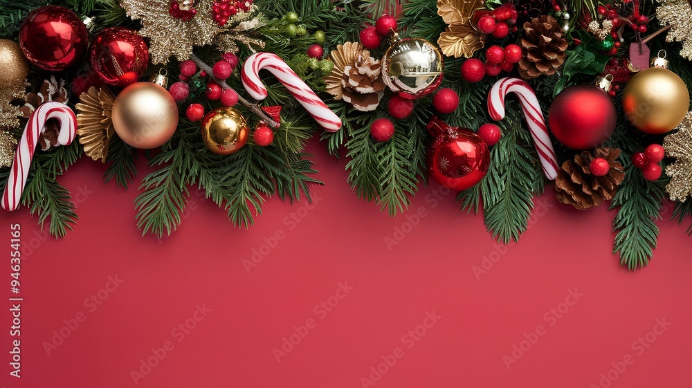 Festive Christmas Border on Red Background Festive Christmas Border on Red Background