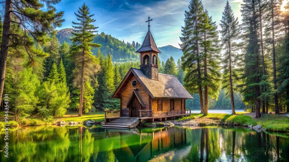 Serene summer camp scene featuring a rustic wooden church amidst tall trees, surrounded by lush greenery and a tranquil lake in the background. Serene summer camp scene featuring a rustic wooden church amidst tall trees, surrounded by lush greenery and a tranquil lake in the background.