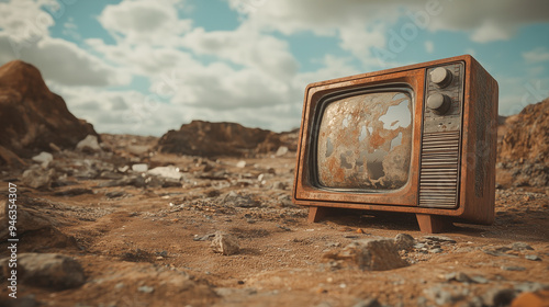 Old broken TV on rocky ground with blue sky and clouds in the background.