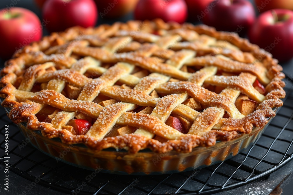 Freshly baked apple pie with a golden lattice crust, placed on a wooden board. Rustic style with apples and pinecones in the background. Concept of homemade dessert. Freshly baked apple pie with a golden lattice crust, placed on a wooden board. Rustic style with apples and pinecones in the background. Concept of homemade dessert.