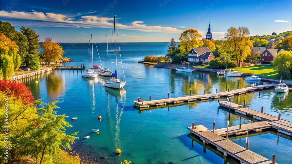 Obraz premium Serene waterfront landscape in a charming small town on Lake Michigan, featuring sailboats, scenic pier, and vibrant summer foliage under a clear blue sky.